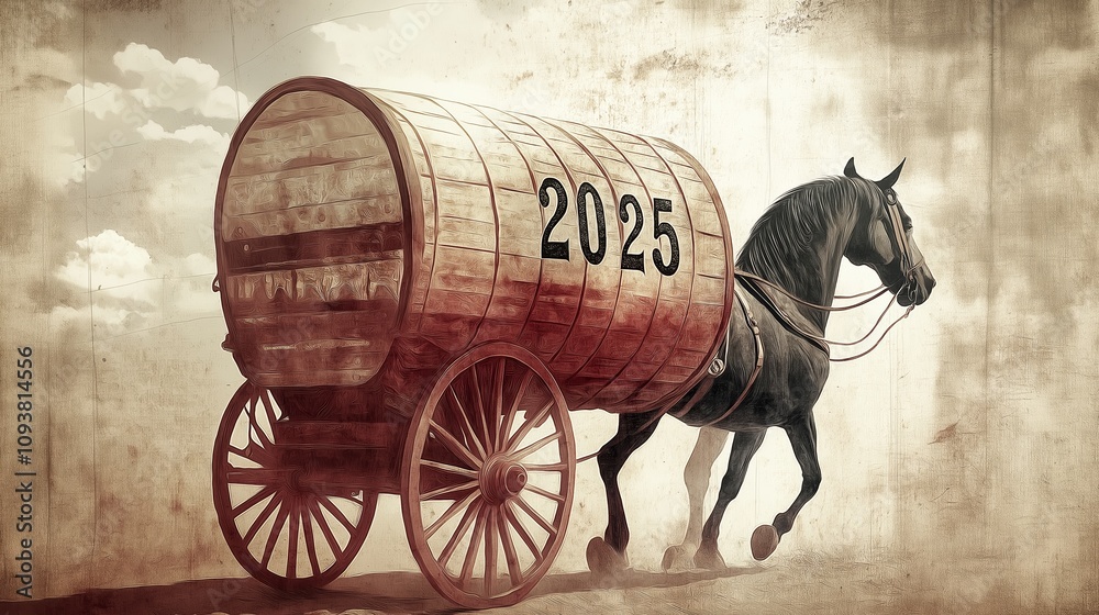 Fototapeta premium Horse pulling a large wooden barrel with the year 2025 displayed, symbolizing progress and future in vintage style art