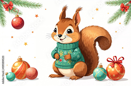 Cute squirrel in a festive sweater surrounded by colorful ornaments and holiday decorations during winter