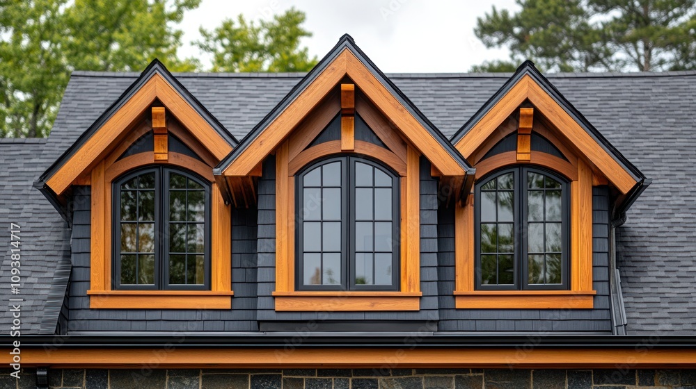 Obraz premium Three dormer windows with wooden frames on a dark grey roof.