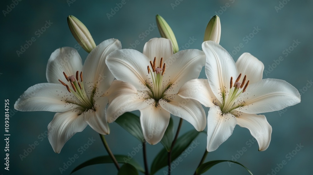 Fototapeta premium Three elegant white lilies against a teal background.