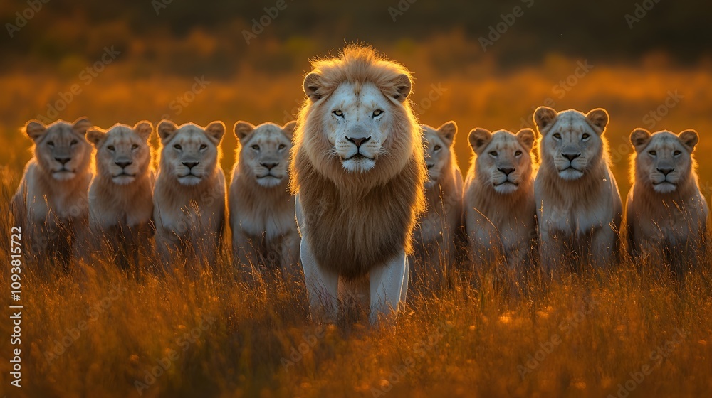 Majestic white lion commanding attention in a pride of ordinary lions, posture exudes power, golden sunset illuminating the scene, African wilderness, regal lion, distinction Majestic white lion commanding attention in a pride of ordinary lions, posture exudes power, golden sunset illuminating the scene, African wilderness, regal lion, distinction