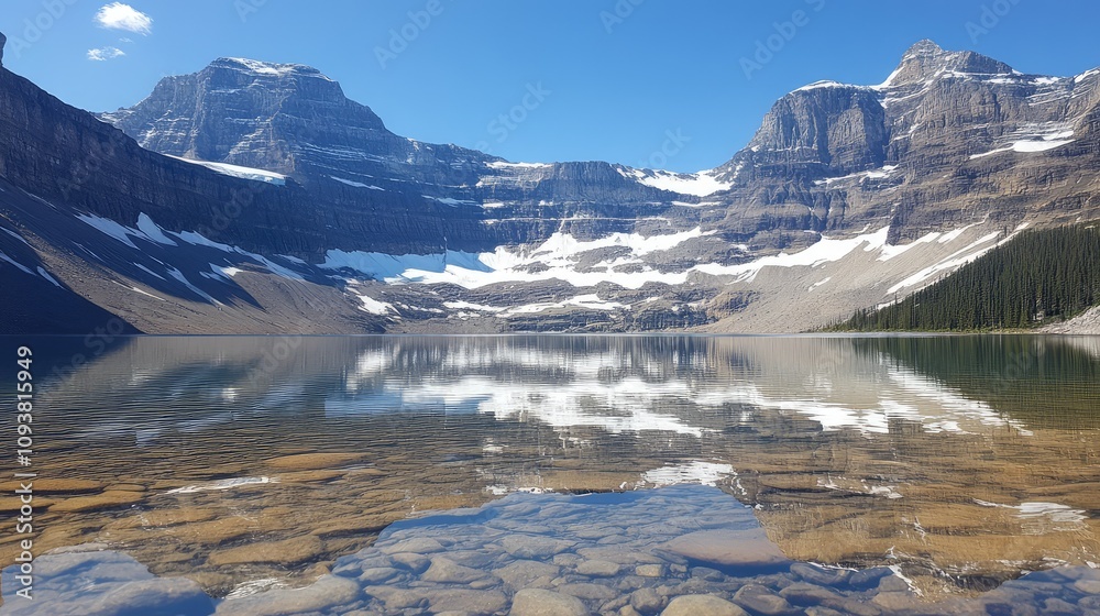 Majestic Mountain Landscape with Clear Blue Sky and Scenic Reflections in Crystal-Clear Water Beneath Towering Rocky Peaks Majestic Mountain Landscape with Clear Blue Sky and Scenic Reflections in Crystal-Clear Water Beneath Towering Rocky Peaks