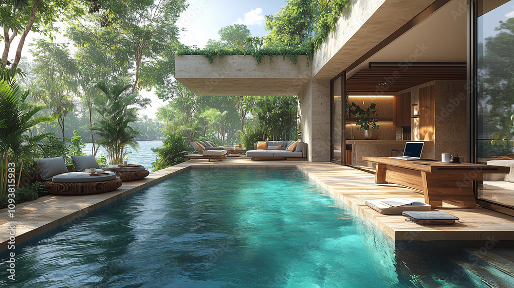 custom made wallpaper toronto digitalDesk near poolside.Luxurious infinity pool overlooking ocean with a modern workspace nearby in a tropical paradise