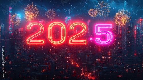 Happy New Year 2025. Burning sparkling text 2025 isolated on black background.