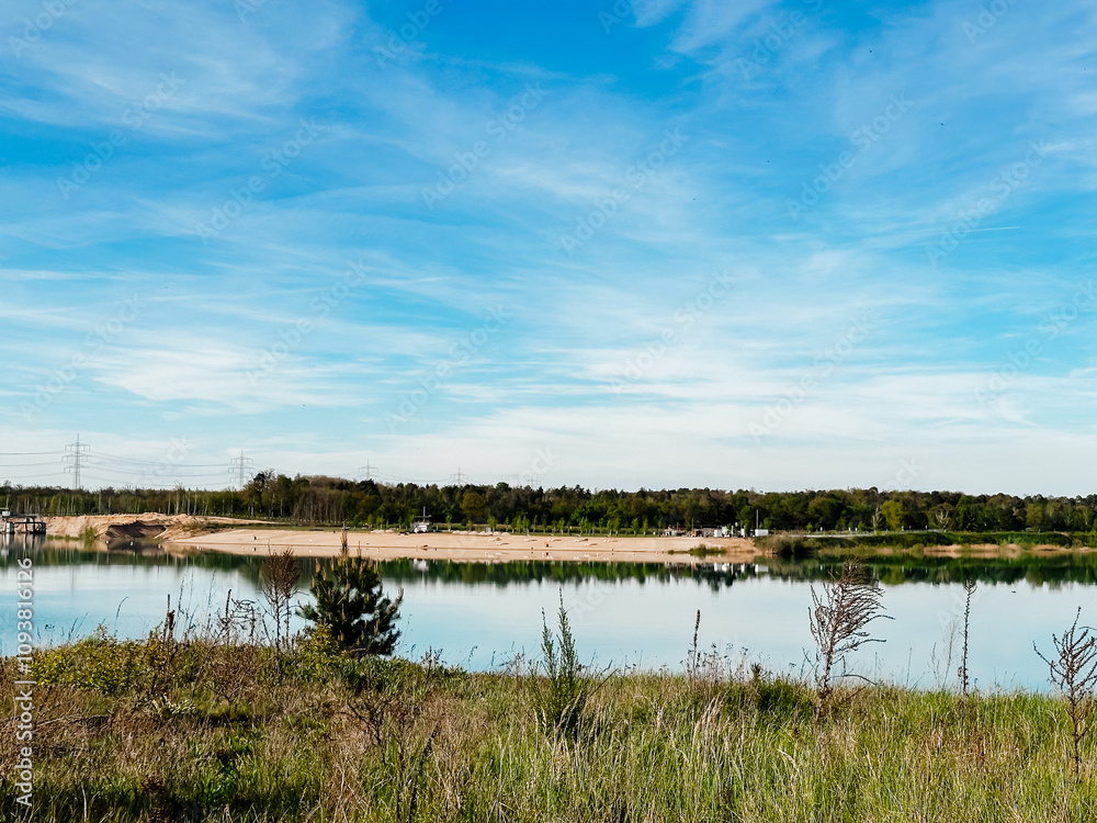 A beautiful lake with a clear blue sky above it A beautiful lake with a clear blue sky above it
