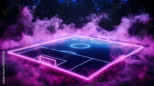 Textured soccer field center, neon fog rising, dramatic atmosphere