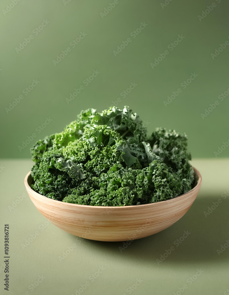 Fresh Kale in a bowl on Soft sage green background Fresh Kale in a bowl on Soft sage green background