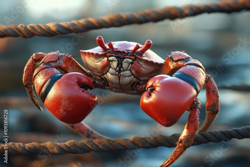 A crab with boxing gloves, ready to fight in a ring with comic style action lines photo