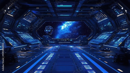 Fototapeta Naklejka Na Ścianę i Meble -  Futuristic Sci-Fi Space Station Interior Featuring High-Tech Control Panels, Holographic Displays, and Stunning Views of the Cosmos Beyond the Large Windows