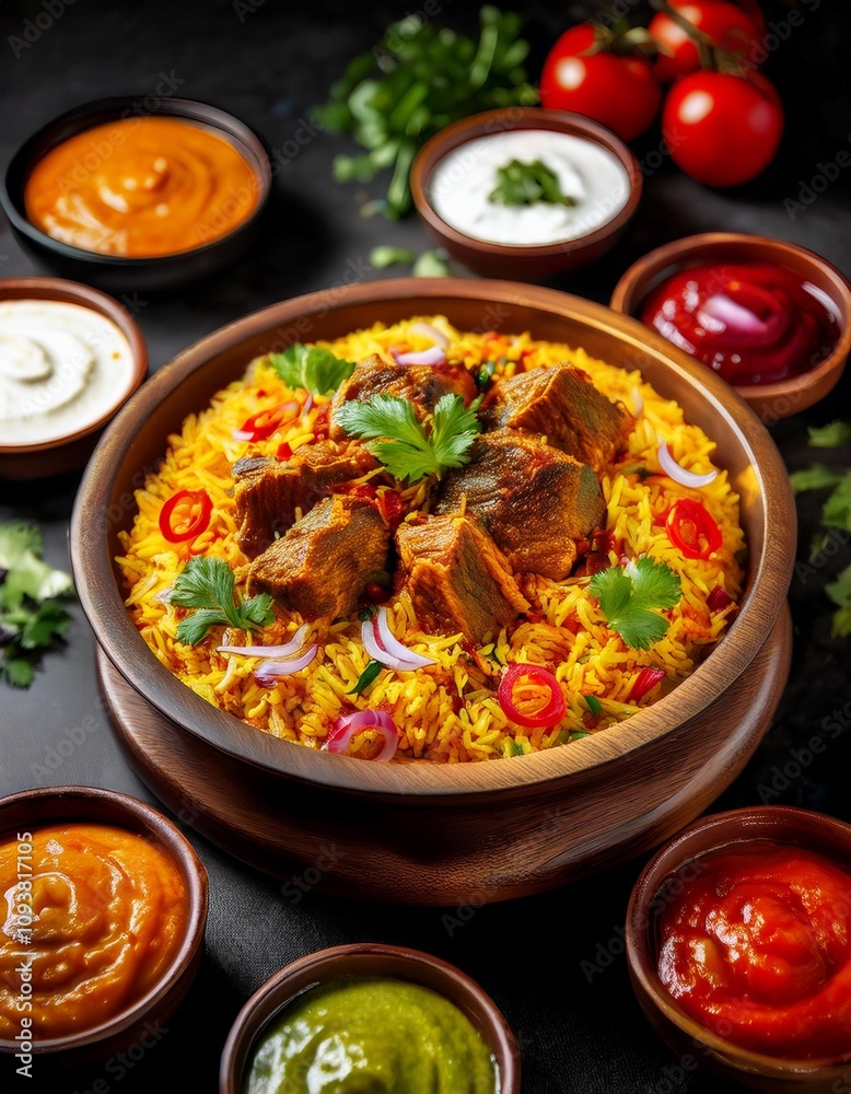 A plate of Kabsa rice with garnished pieces of meat and vegetables, traditional popular Arab banquets and dishes, recipes for delicious oriental foods and meals A plate of Kabsa rice with garnished pieces of meat and vegetables, traditional popular Arab banquets and dishes, recipes for delicious oriental foods and meals