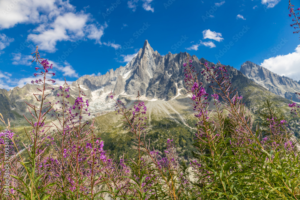 Fototapeta premium Petit Dru granite mountain wall and summit in Chamonix valley, french Alps. Prominent mountain peak in the Alps, stunning landscape view of the rocky peak covered with clouds, snow and ice