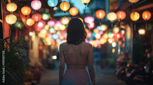 woman walks confidently through vibrant city streets, her body in motion, symbolizing freedom, independence, and the energy of urban life with bustling surroundings