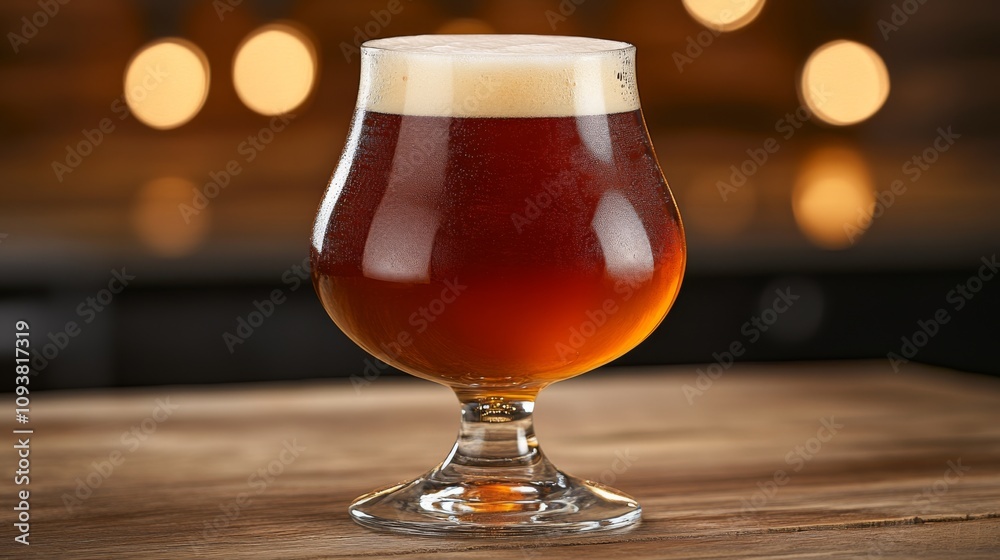 A Close-Up of a Rich Amber Beer in a Curved Glass on a Wooden Table with a Soft Blurred Background Highlighting Warm Bokeh Lights A Close-Up of a Rich Amber Beer in a Curved Glass on a Wooden Table with a Soft Blurred Background Highlighting Warm Bokeh Lights
