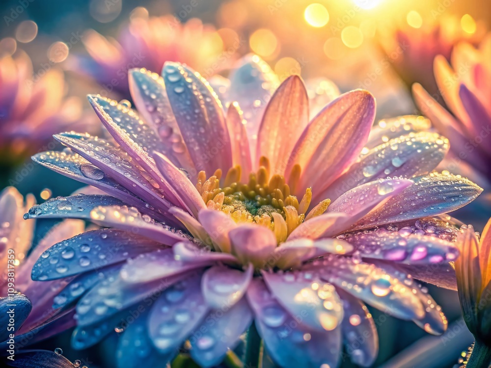 Obraz premium Captivating Macro Photography of a Chalky Dawn with Delicate Dew Drops on Petals, Soft Pastel Hues Illuminating the Morning Light, Nature's Beauty Awakened at Sunrise