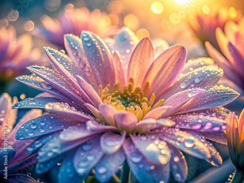 Captivating Macro Photography of a Chalky Dawn with Delicate Dew Drops on Petals, Soft Pastel Hues Illuminating the Morning Light, Nature's Beauty Awakened at Sunrise