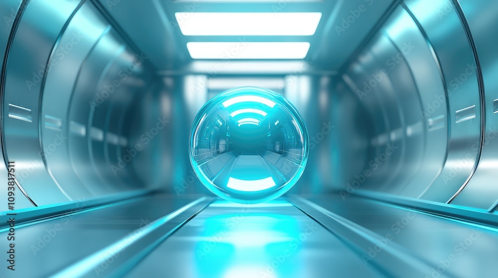 Futuristic Blue Sphere in a Sleek Metallic Tunnel with Ambient Lighting, Representing Technology and Innovation in a Sci-Fi Environment Futuristic Blue Sphere in a Sleek Metallic Tunnel with Ambient Lighting, Representing Technology and Innovation in a Sci-Fi Environment