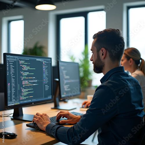 Photo, 8k resolution, a software engineer sitting at a modern workstation, typing on a sleek laptop with code displayed on the screen. The office environment features clean, minimalist decor