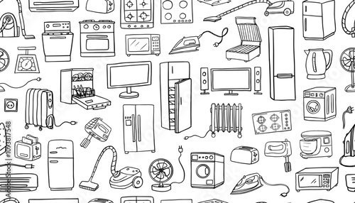 Seamless pattern of household appliances in doodle style. TV, refrigerator, mixer, vacuum cleaner, iron, washing machine, dishwasher, heater, fan, microwave, stove, air conditioning, electric kettle