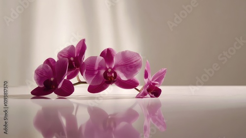 Delicate Purple Orchid Flowers Elegantly Arranged on a Minimalist Surface with Soft Natural Light Creating an Inviting and Serene Atmosphere