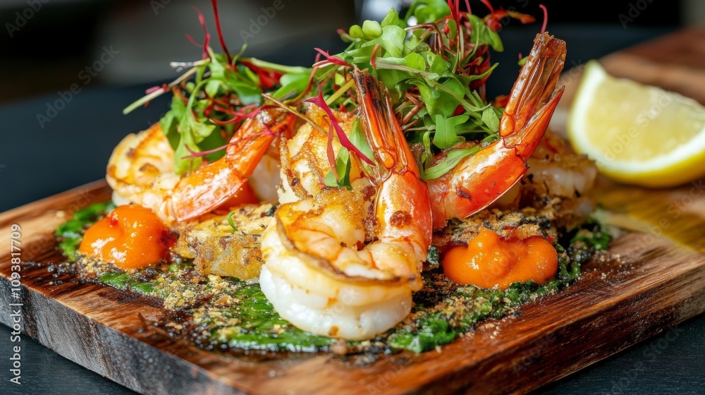 Grilled Shrimp Dish with Garnishes on a Wooden Platter Surrounded by Fresh Ingredients and Lemon Slice for Culinary Presentation Grilled Shrimp Dish with Garnishes on a Wooden Platter Surrounded by Fresh Ingredients and Lemon Slice for Culinary Presentation