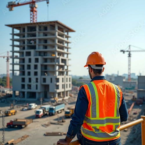 Photo, 8k resolution, a construction worker on a scaffold, wearing a hard hat and reflective vest. A half-constructed building rises in the background, with cranes and construction vehicles visible