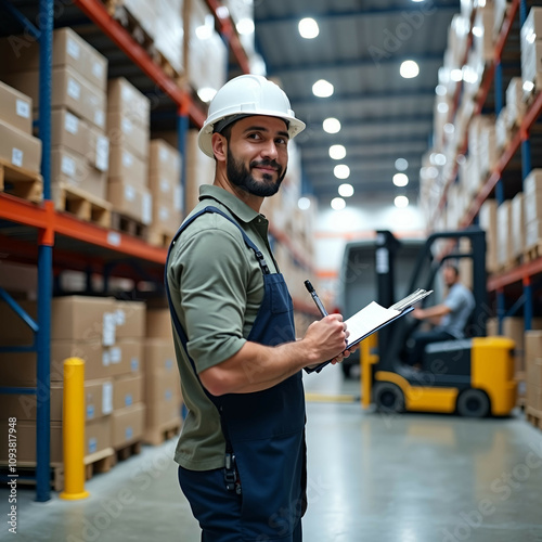 Photo, 8k resolution, a warehouse worker in a reflective safety vest and hard hat turned with their back to the camera, standing in front of tall shelves filled with neatly stacked boxes and pallets. 