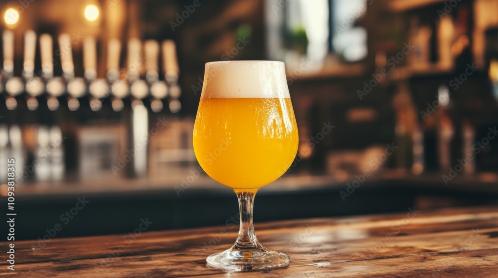 Refreshing craft beer served in a stylish glass on a rustic wooden bar, showcasing a frothy head and vibrant golden color in a lively pub setting Refreshing craft beer served in a stylish glass on a rustic wooden bar, showcasing a frothy head and vibrant golden color in a lively pub setting