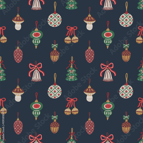 Seamless pattern of hand drawn vintage Christmas ornaments including bells, baubles, pinecones, acorns on dark blue background. Vector design for wallpaper, textile, wrapping paper, and greeting cards