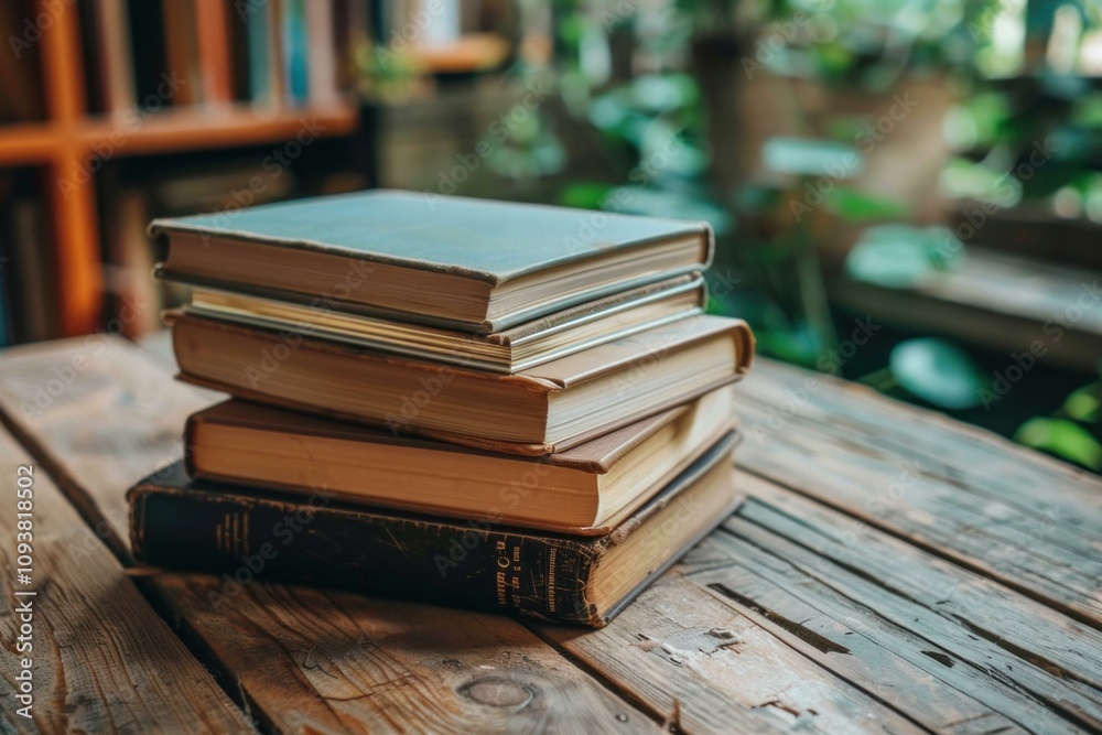 Four old books stacked on a wooden table with a blurred bookcase and plants in the background Four old books stacked on a wooden table with a blurred bookcase and plants in the background