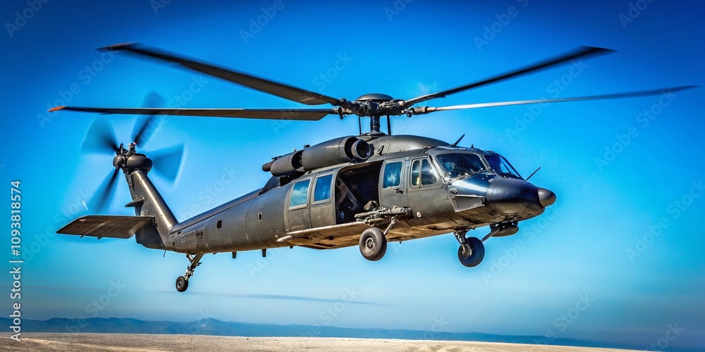 Captivating Minimalist Photography of a Blackhawk Helicopter in Flight Against a Clear Sky, Emphasizing Simplicity and Elegance in Aerial Dynamics Captivating Minimalist Photography of a Blackhawk Helicopter in Flight Against a Clear Sky, Emphasizing Simplicity and Elegance in Aerial Dynamics