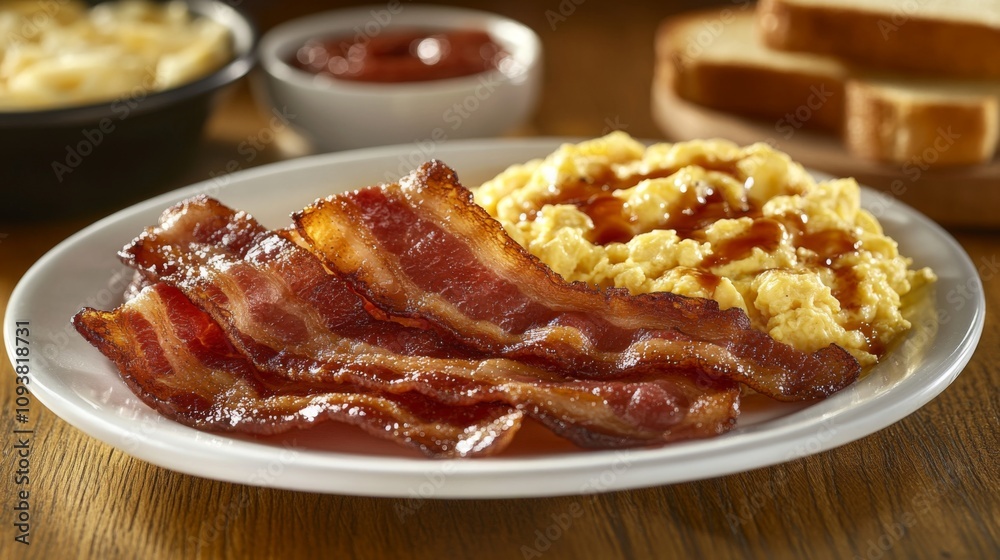 Delicious Plate of Crispy Bacon with Scrambled Eggs and Toast Served in a Cozy Restaurant Setting, Perfect for Breakfast Lovers and Food Enthusiasts Delicious Plate of Crispy Bacon with Scrambled Eggs and Toast Served in a Cozy Restaurant Setting, Perfect for Breakfast Lovers and Food Enthusiasts