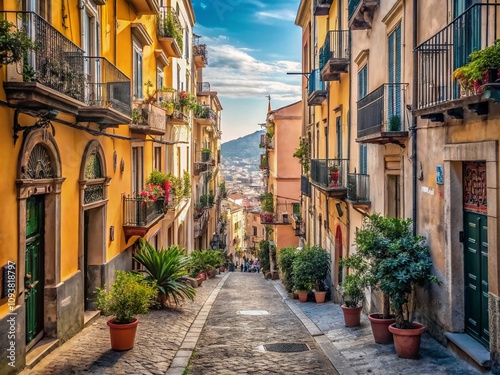 Captivating Minimalist Photography of the Historic Petraio District in Naples, Showcasing Its Unique Architecture and Serene Atmosphere Against a Clear Sky photo