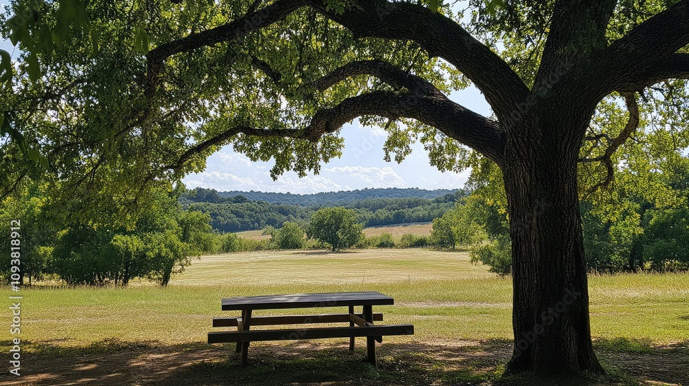 Tranquil Outdoor Scene with Sprawling Tree Canopy Overlooking a Serene Meadow and Picnic Table Amidst Nature's Beauty Tranquil Outdoor Scene with Sprawling Tree Canopy Overlooking a Serene Meadow and Picnic Table Amidst Nature's Beauty