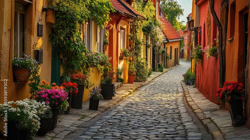 Serene Cobblestone Street In A Quaint Village With Colorful Houses Adorned With Vibrant Flowers And Lush Greenery In Beautiful Natural Light Serene Cobblestone Street In A Quaint Village With Colorful Houses Adorned With Vibrant Flowers And Lush Greenery In Beautiful Natural Light