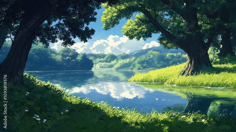 Tranquil Scene of Lush Green Trees and Serene Water Reflections Beneath a Bright Blue Sky in a Peaceful Natural Setting Tranquil Scene of Lush Green Trees and Serene Water Reflections Beneath a Bright Blue Sky in a Peaceful Natural Setting