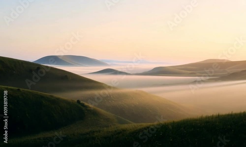 A tranquil, softly glowing natural landscape featuring rolling hills fading into a dreamy mist at sunrise, warm pastel sky