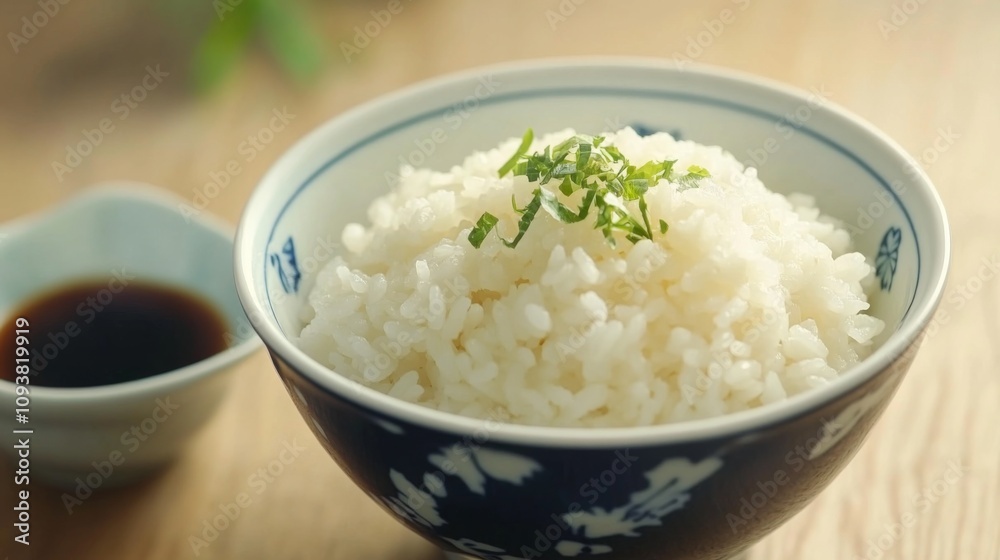 Steaming Bowl of White Rice Garnished with Fresh Herbs Resting on a Wooden Surface Alongside a Small Dish of Soy Sauce for a Flavorful Asian Culinary Experience Steaming Bowl of White Rice Garnished with Fresh Herbs Resting on a Wooden Surface Alongside a Small Dish of Soy Sauce for a Flavorful Asian Culinary Experience