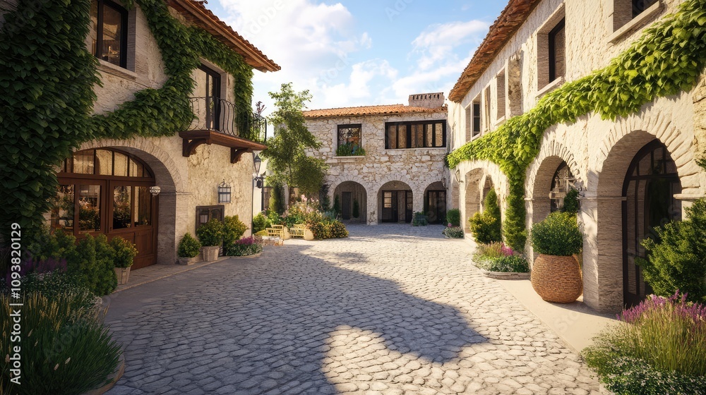 Charming Stone Courtyard Surrounded by Lush Greenery and Sunlit Architecture in a Quaint Mediterranean Village Setting Charming Stone Courtyard Surrounded by Lush Greenery and Sunlit Architecture in a Quaint Mediterranean Village Setting