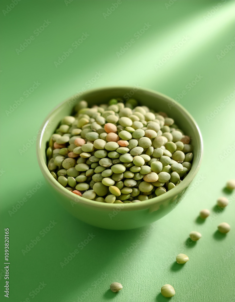 Fresh Green Lentils in a bowl on Light pastel green background Fresh Green Lentils in a bowl on Light pastel green background