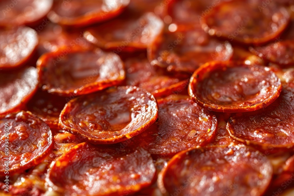 Close-up of delicious, freshly cooked pepperoni slices on a hot pizza, showcasing the rich red color and glossy texture, perfect for food enthusiasts. Close-up of delicious, freshly cooked pepperoni slices on a hot pizza, showcasing the rich red color and glossy texture, perfect for food enthusiasts.