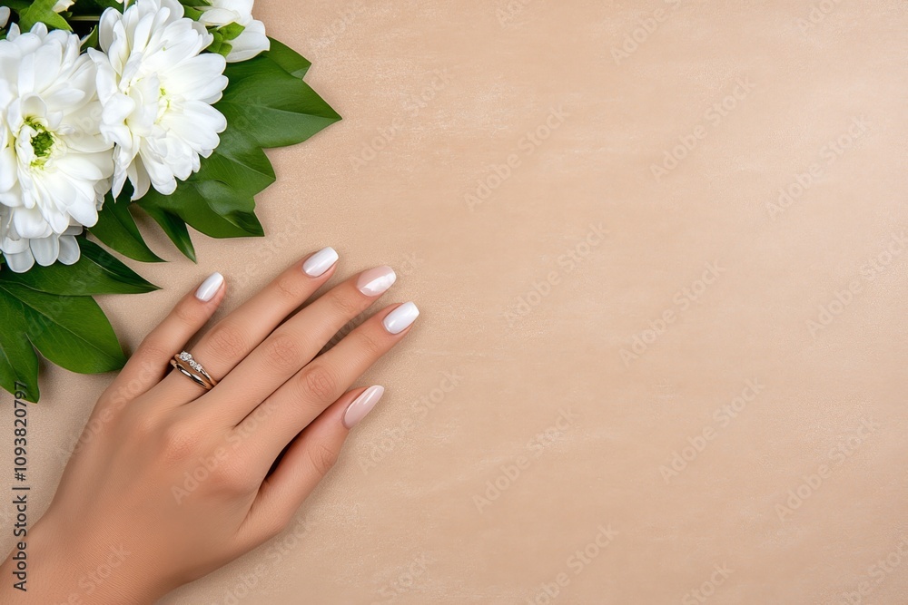 Fototapeta premium A close-up of intertwined hands with wedding rings, a bouquet of flowers lying nearby, symbolizing an anniversary