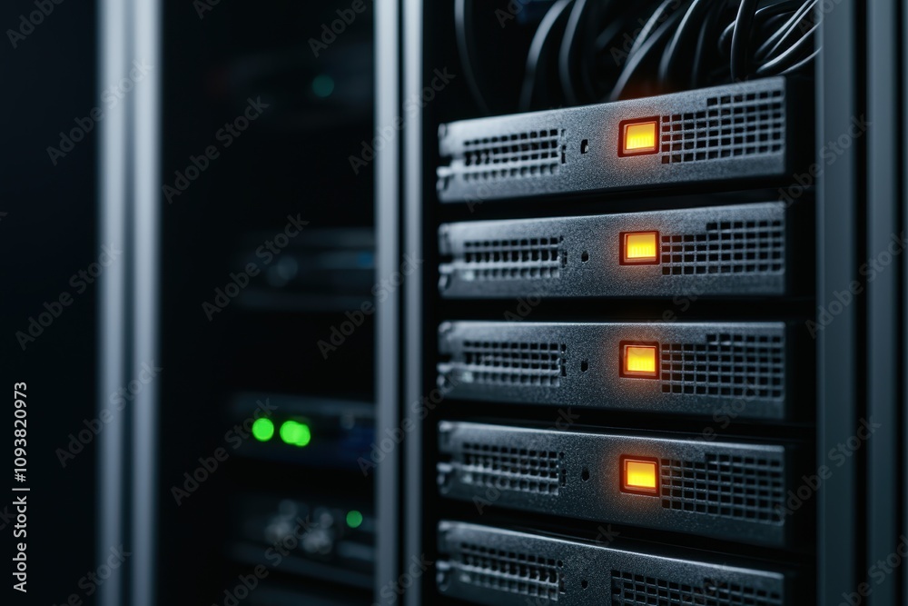 Security risks hacking attack concept. A close-up view of a server rack with illuminated indicators, showcasing technology infrastructure and data management systems. Security risks hacking attack concept. A close-up view of a server rack with illuminated indicators, showcasing technology infrastructure and data management systems.