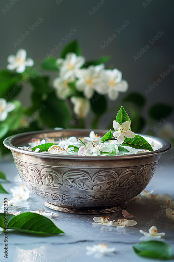 Floating jasmine and rose petals in a traditional Thai silver bowl for Songkran celebration