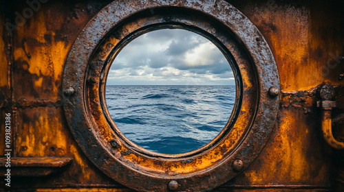 serene ocean view through a round porthole window showcasing the calm and endless sea representing peace solitude and the allure of travel offering a moment of reflection and connection with nature