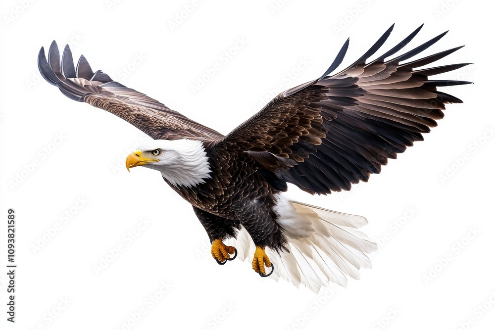 Fototapeta premium A flat 2D illustration of an American eagle flying with the U.S. flag draped behind it, set on a plain white backdrop