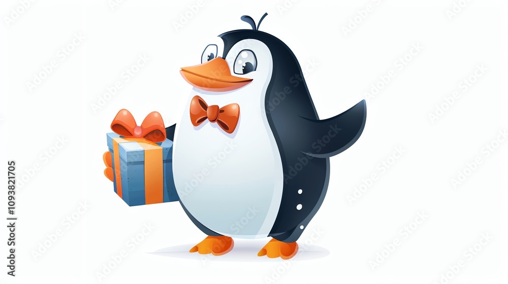 Fototapeta premium A cartoon penguin with a bow tie is holding a gift.