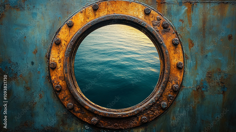 serene ocean view through a round porthole window showcasing the calm and endless sea representing peace solitude and the allure of travel offering a moment of reflection and connection with nature