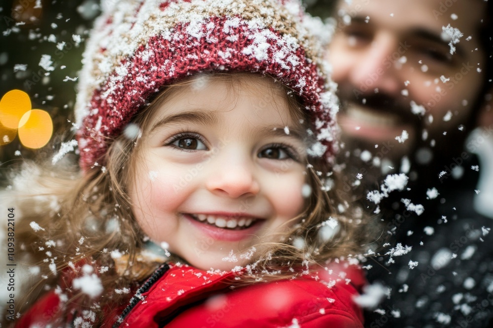 Joyful caucasian child in snow with smiling adult male Joyful caucasian child in snow with smiling adult male
