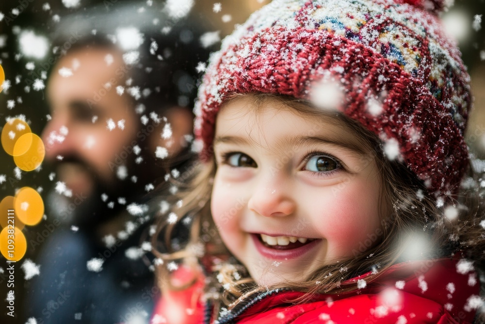 Joyful caucasian child in red hat enjoying winter snowfall Joyful caucasian child in red hat enjoying winter snowfall