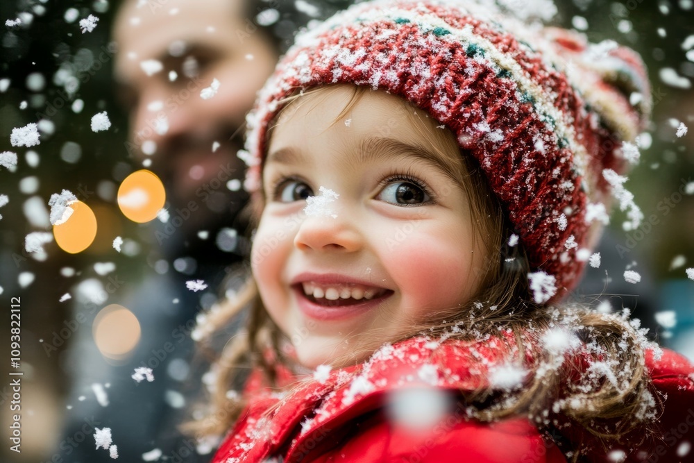 Joyful caucasian child playing in snowflakes wearing a red hat Joyful caucasian child playing in snowflakes wearing a red hat